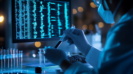 A bioinformatics expert creating AI algorithms for analyzing genomic data for rare disease diagnosis, lab with sequencing tools, data sets