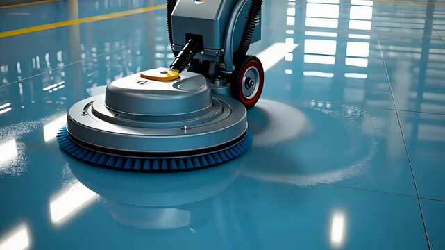 Industrial floor scrubber cleaning glossy blue surface in warehouse, 4k loop