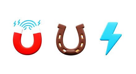 Symbols of power and luck: A vibrant red magnet with magnetic waves, a classic brown horseshoe for good fortune, and a striking blue lightning bolt