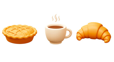 Delicious breakfast or snack combo: A golden-brown pie, a steaming cup of coffee, and a flaky croissant. Perfect for a cozy morning.