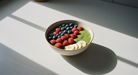 Sunlit Green Smoothie Bowl Topped with Raspberries, Blueberries, and Banana Slices