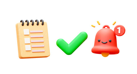 A stylized image of a notepad with a checkmark and a notification bell on a black background png
