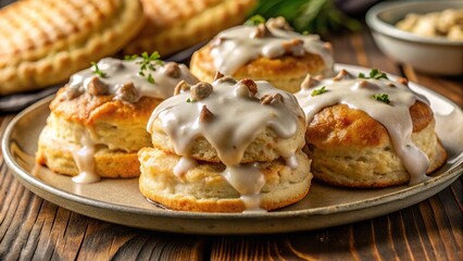 Golden flaky biscuits drizzled with rich sausage gravy, breakfast food, sausage