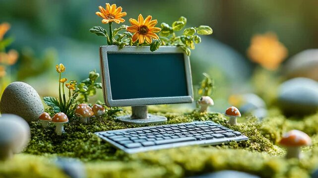 A whimsical computer surrounded by flowers and mushrooms in nature.