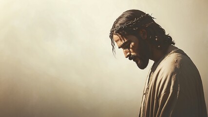 Jesus Christ Wearing Crown of Thorns in Profile with Somber Expression