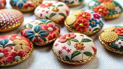 Obraz premium intricately designed Asian fabric buttons with floral patterns and gold accents made from high-quality materials for sewing and crafting at home, Sewing supplies, Asian fabric buttons