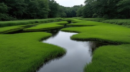 Tranquil marsh waterway winding through lush green vegetation.  A serene, reflective landscape of interconnected waterways and grassy banks
