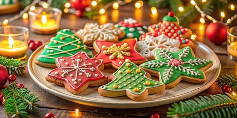 Fototapeta premium Colorful cookies with intricate designs and patterns on a festive table, surrounded by holiday decorations and twinkling lights , holiday party, holiday treats