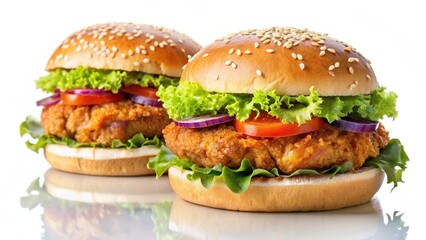 Two juicy chicken burgers with crispy buns on a clean white background , lunch option