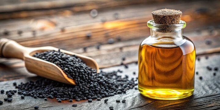 Close-up of black cumin oil bottle on table with selective focus, culinary art