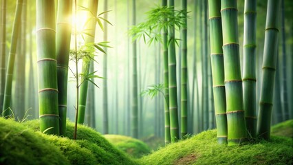 Serene Bamboo Grove Lush Green Stalks and Mossy Hills bathed in Sunlight