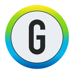 Bold Matte Black Capital Letter G on a Pristine White Circle Encased by a Dynamic Gradient Border of Golden Yellow, Vivid Emerald Green, and Deep Sapphire Blue