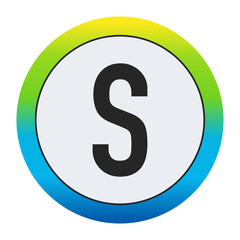 Bold Matte Black Capital Letter S on a Pristine White Circle Encased by a Dynamic Gradient Border of Golden Yellow, Vivid Emerald Green, and Deep Sapphire Blue