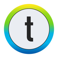 Fototapeta premium Bold Matte Black Lowercase Letter t on a Pristine White Circle Encased by a Dynamic Gradient Border of Golden Yellow, Vivid Emerald Green, and Deep Sapphire Blue