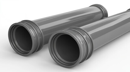 Fototapeta premium Two grey PVC pipes with connectors, isolated on white background.