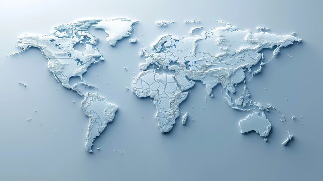 Detailed world map outline with borders on a crisp white background for clear visualization