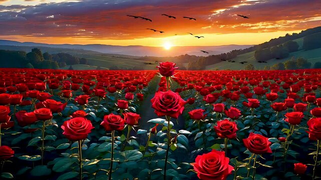 Blooming red rose field at sunset with glowing sky and flying birds, 4k loop