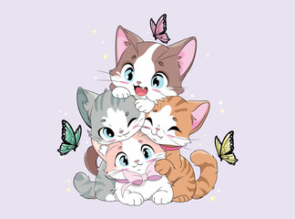 happy kittens, butterflies and stars, vector. Design to print on a shirt, poster, banner, dedications. Lovely print for t-shirt