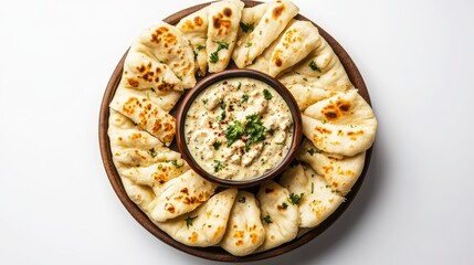symmetrical display of butter naan and garlic dip garnished with herbs on wooden platter. naan is arranged in circular pattern around dip, creating inviting presentation