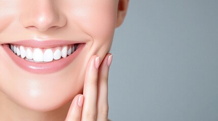 Obraz premium Healthy, radiant smile with perfect teeth. Close-up of a woman's face, emphasizing a beautiful smile and smooth skin