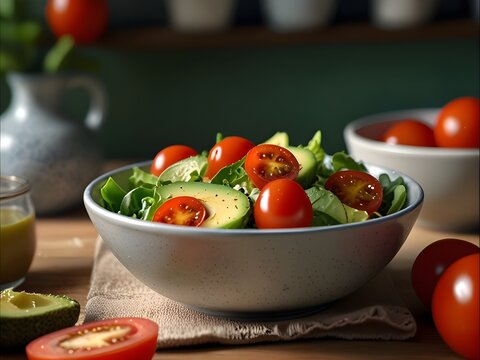 mixed green salad in ceramic bowl, avocado slices, cherry tomatoes