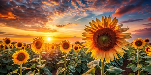 Fototapeta premium Golden Hour Sunflowers in a Vast Field at Sunset A Vibrant Display of Nature's Beauty