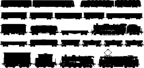 set of Vector collection of rail transport silhouettes. Passenger and freight transport set of wagons and locomotives.
