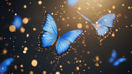Two vibrant blue morpho butterflies in flight, surrounded by sparkling golden particles against a dark background.
