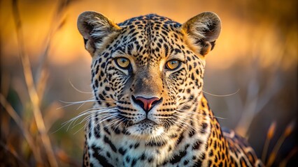 Fototapeta premium A Majestic Portrait of a Leopard in the Savannah Under the Golden Sun