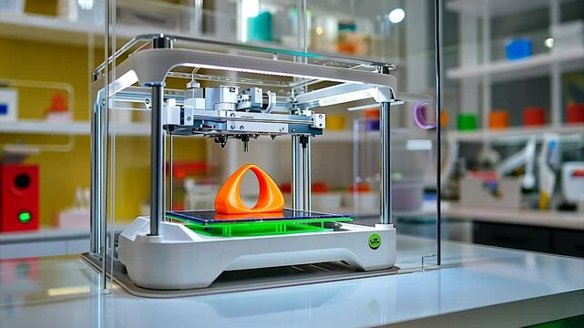 3D printer creating an orange object in a modern design lab setting