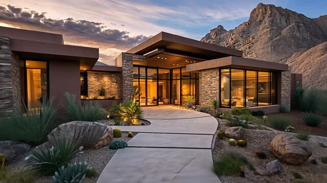 Desert Oasis: A Modern Luxury Home Blending Seamlessly with the Arid Landscape at Sunset