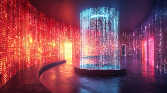 A futuristic hallway featuring cascading data and vibrant digital displays