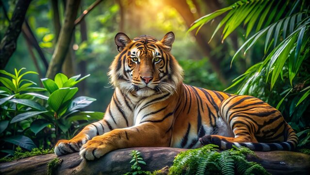 A Malayan Tiger Lying Gracefully in the Forest Surrounded by Lush Greenery

