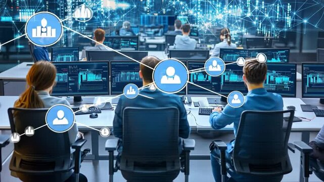 Data Analysis Team at Work: In a modern, high-tech environment, a team of analysts collaborate diligently, immersed in data analysis.