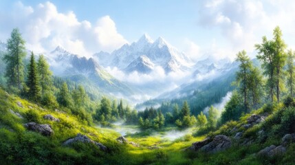 Fototapeta premium Majestic mountain range bathed in sunlight, lush valley, and misty atmosphere