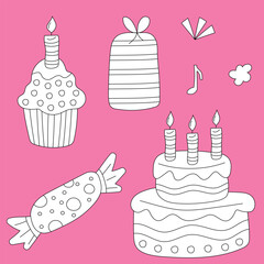 Hand-drawn Party Decorations: Black & White Birthday Clipart Set: Cartoon Birthday Doodles
