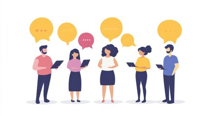 Group of Diverse People Engaging in Discussion with Speech Bubbles