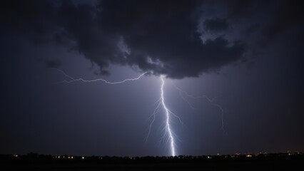 Dramatic Lightning Strike Under Dark Storm Clouds, Weather Power in Dark Sky