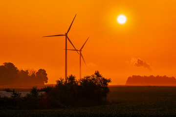 wind turbines in the rising sun, Ontario, Canada