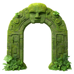 Ancient Stone Archway Overgrown With Lush Green Vegetation In A Tropical Jungle Setting