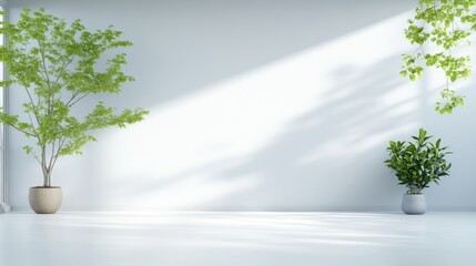 Obraz premium Two potted plants casting shadows on a minimalist white wall, bright sunlight streaming through windows, and indoor greenery and natural light concept.
