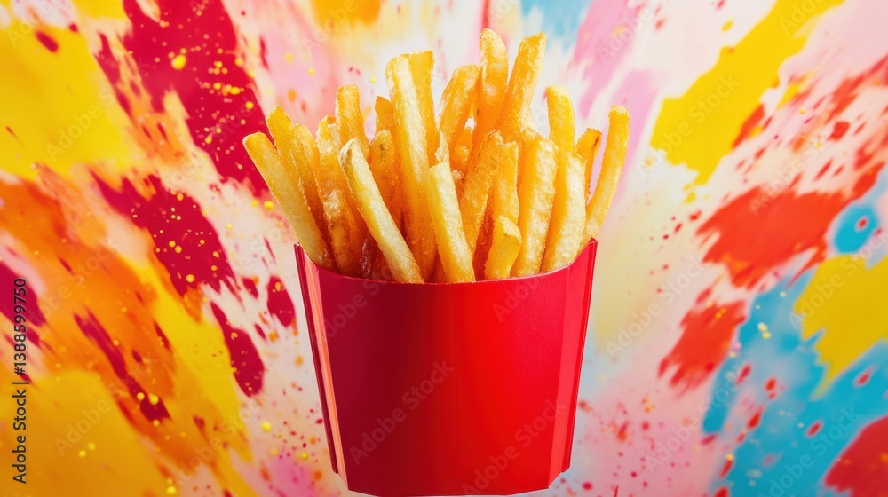 Poster golden crispy french fries in a classic red fast-food container with vibrant color splashes in the b