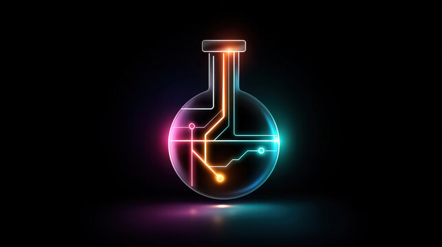 glowing chemistry flask with circuit design, symbolizing fusion of science and technology. vibrant colors create captivating visual that evokes curiosity and innovation