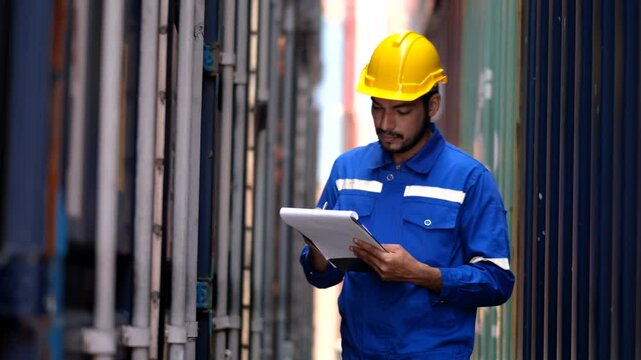 Foreman control loading containers box from factory to cargo freight ship. Engineer or worker checking container at container yard warehouse. Shipping import export industry Logistics business.
