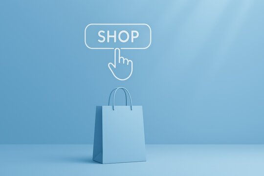 Hand cursor clicking shop button with shopping bag on blue background