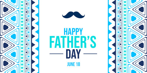 clean and simple father's day greeting card with blue ethnic border and mustache icon, celebrating dads on june 18 in a classic style.