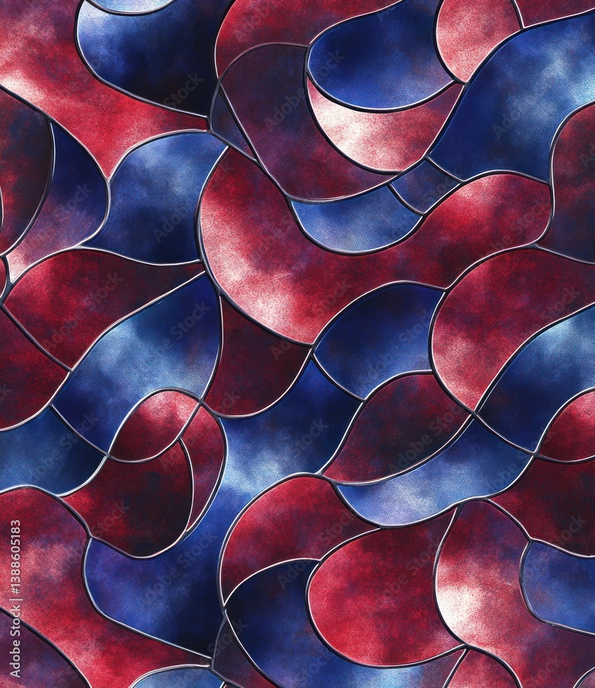 Wall mural abstract design with blue and red curving and segmented shapes
