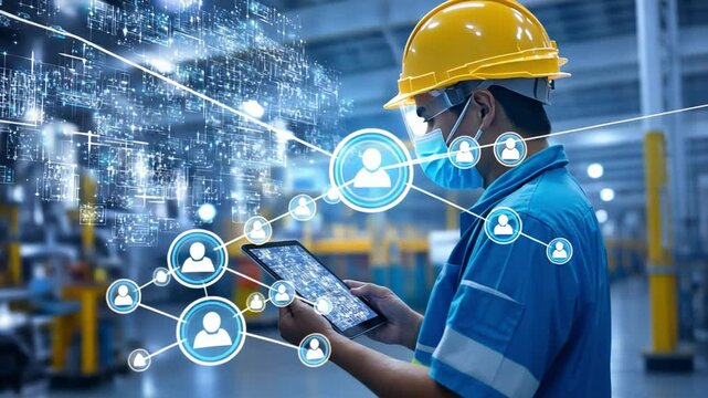 Industry 4.0: A visionary worker seamlessly integrates technology and innovation within an advanced industrial setting. This image illustrates the convergence of automation, digital transformation. - Powered by Adobe