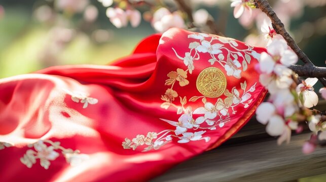 Vibrant red scarf with golden embroidery symbolizes youth and hope, evoking warmth and inspiration.
