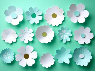 Pastel paper flowers in an artistic arrangement on vibrant turquoise backdrop